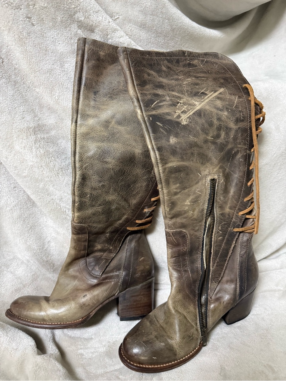 freebird Distressed Gray-Brown Lace-Up Leather Knee Boots